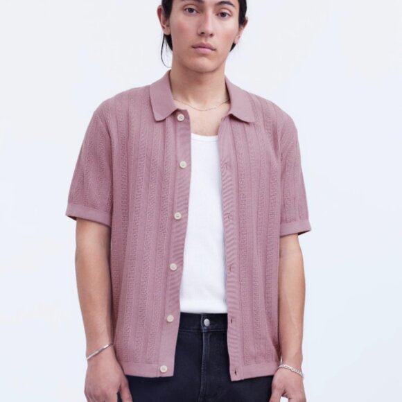 Madewell Shirt Mens XL Ashen Plum Button-Up Sweater Polo in Textured Stripe - Picture 1 of 8